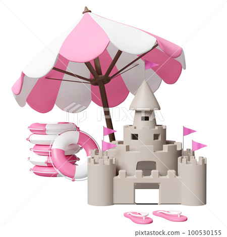 3d summer sea beach with sand castle, umbrella, pile of stacked lifebuoy, sandals isolated. summer travel concept, 3d render illustration 3d summer sea beach with sand castle, umbrella, pile of stacked lifebuoy, sandals isolated. summer travel concept, 3d render illustration 100530155