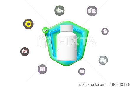3d white pill bottle, protect your health with multivitamins, checkmark, shield icon, The vitamins your body needs isolated. 3d render illustration 100530156