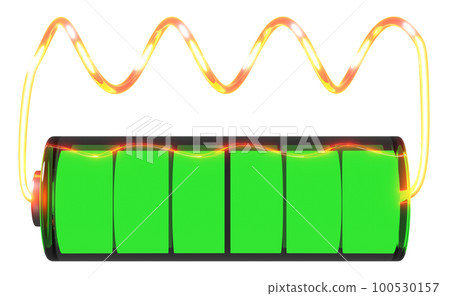 3d Battery charge indicator with wire isolated. battery short circuit concept, 3d render illustration 3d Battery charge indicator with wire isolated. battery short circuit concept, 3d render illustration 100530157