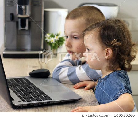 Two attentive and surprised children are sitting in the kitchen and looking at the computer. Two attentive and surprised children are sitting in the kitchen and looking at the computer. 100530260