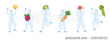 Team of nurses or doctors with isolation gowns and various vegetables and fruits, healthy eating Team of nurses or doctors with isolation gowns and various vegetables and fruits, healthy eating 100530532