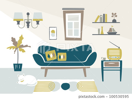 Illustration of a stylish living room Scandinavian room interior where cats relax 100530595