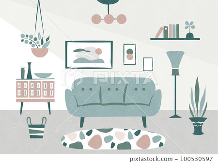 Fashionable living room illustration Retro modern room interior 100530597