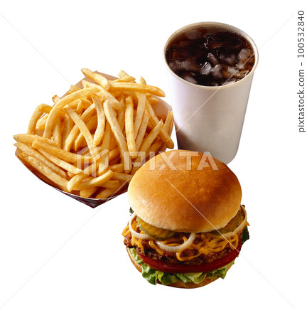 Hamburger and french fries isolated on white background. 100532840