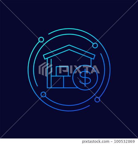 Storage costs icon with a warehouse, linear design Storage costs icon with a warehouse, linear design 100532869