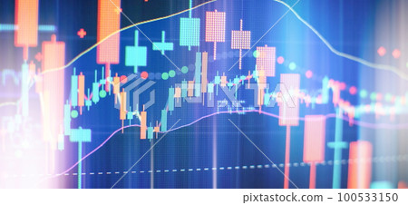 Concept of stock market and fintech. Blurry digital charts over dark blue background. Concept of stock market and fintech. Blurry digital charts over dark blue background. 100533150