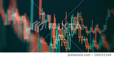 price graph and indicator, red and green candlestick chart on blue theme screen, market volatility, up and down trend. 100533184