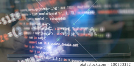 Closeup developing programming and coding technologies. Developer working on web sites codes in office. 100533352