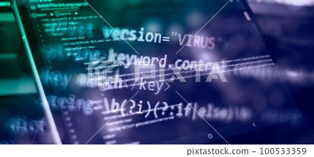CSS, JavaScript and HTML usage. Monitor closeup of function source code. Abstract IT technology background. Software source code. 100533359