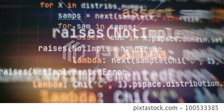 CSS, JavaScript and HTML usage. Monitor closeup of function source code. Abstract IT technology background. Software source code. 100533385