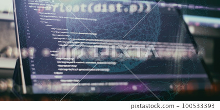 CSS, JavaScript and HTML usage. Monitor closeup of function source code. Abstract IT technology background. Software source code. 100533393