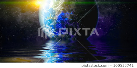 Beautiful unusual space planet in space reflected in water, galaxy stars night sky ,Elements of this Image Furnished by NASA Beautiful unusual space planet in space reflected in water, galaxy stars night sky ,Elements of this Image Furnished by NASA 100533741