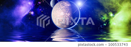Beautiful unusual space planet in space reflected in water, galaxy stars night sky ,Elements of this Image Furnished by NASA 100533743