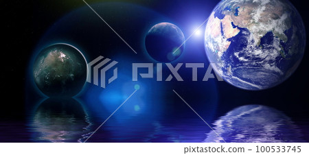 Deep reflected space in water . Starry outer space background texture . Colorful Starry Night Sky Outer Space background ,Elements of this image furnished by NASA. 100533745