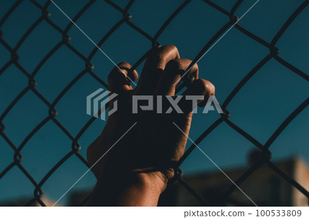 Human hand holding the fence. 100533809