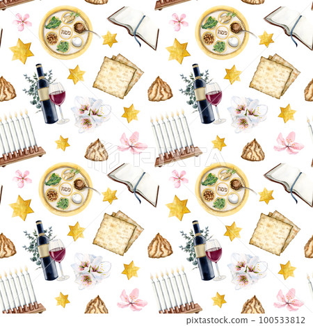 Watercolor Passover symbols seamless pattern with spring flowers, red wine, candlestick, matzah, stars of David on white Watercolor Passover symbols seamless pattern with spring flowers, red wine, candlestick, matzah, stars of David on white 100533812