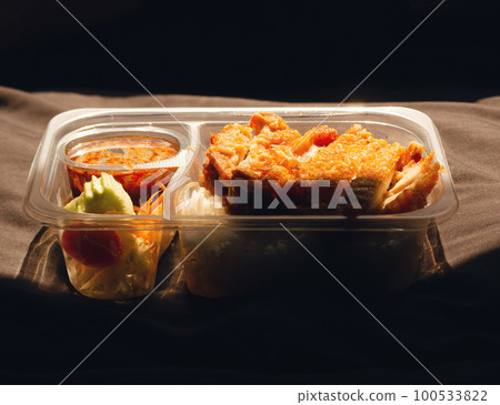 Lunch time with rice fried chicken. 100533822