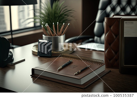 Work desk with notebook and writing utensils 100535387