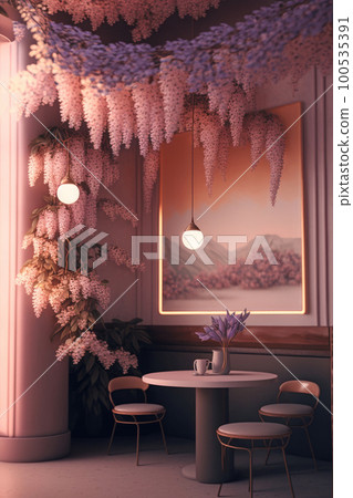 Cafe decorated with wisteria flowers Cafe decorated with wisteria flowers 100535391