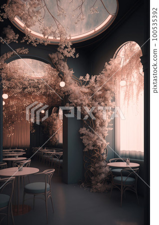 Cafe decorated with wisteria flowers 100535392