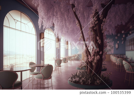 Cafe decorated with wisteria flowers Cafe decorated with wisteria flowers 100535399