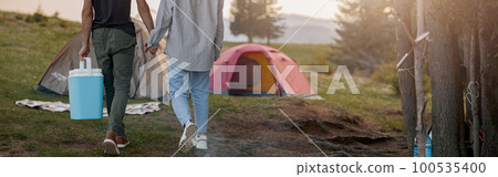 Rear on couple walking at camping place hand in hand and carrying portative fridge. Rear on couple walking at camping place hand in hand and carrying portative fridge. 100535400