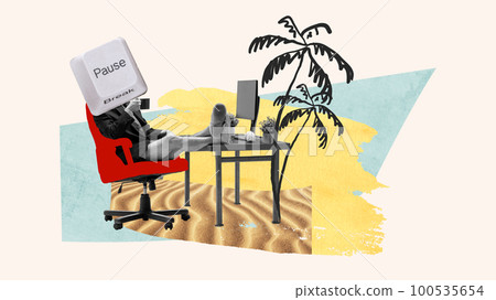 Contemporary art collage. Creative design. Being on pause. Man, freelancer sitting at table around illusion palms and resting Contemporary art collage. Creative design. Being on pause. Man, freelancer sitting at table around illusion palms and resting 100535654