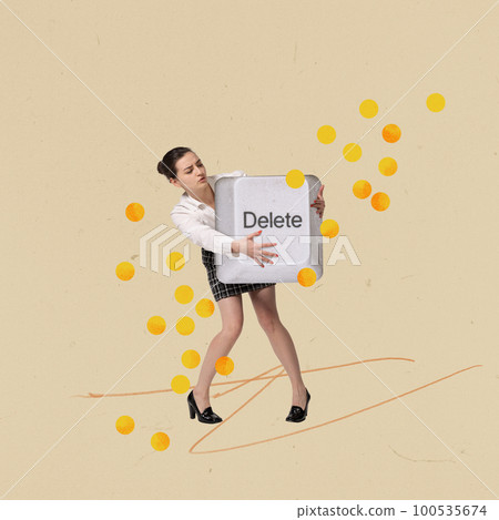 Contemporary art collage. Creative design. Yougn woman in formal wear, employee carrying giant keyboard element of delete. Contemporary art collage. Creative design. Yougn woman in formal wear, employee carrying giant keyboard element of delete. 100535674