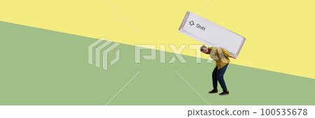 Contemporary art collage. Creative design. Man carrying on his back giant shift keyboard and going uphill. Personal challenges Contemporary art collage. Creative design. Man carrying on his back giant shift keyboard and going uphill. Personal challenges 100535678
