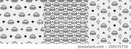 Burger seamless pattern. Hamburger motif. Fast food line emblem ornament Burger seamless pattern. Hamburger motif. Fast food line emblem ornament 100535730