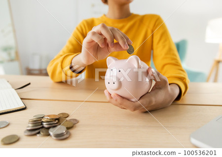 Saving money investment for future. African american girl holding pink piggy bank and putting money coin. Saving investment budget business wealth retirement financial money banking concept Saving money investment for future. African american girl holding pink piggy bank and putting money coin. Saving investment budget business wealth retirement financial money banking concept 100536201