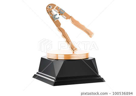 Crimper, crimp tool on the wooden table, golden award concept. 3D rendering 100536894