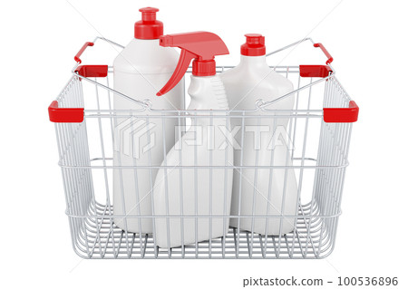 Detergent, cleaning products inside shopping basket, 3D rendering Detergent, cleaning products inside shopping basket, 3D rendering 100536896