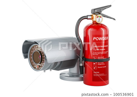 Fire extinguisher with security camera. 3D rendering 100536901