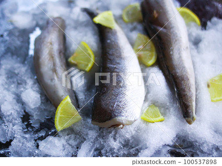 Fresh raw sea fish and lemon peces on ice surface. Fresh raw sea fish and lemon peces on ice surface. 100537898