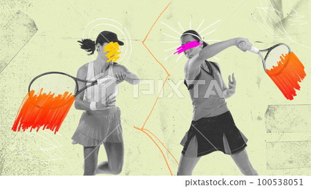 Young tennis players with rackets over green background with grunge effect. Contemporary art collage, poster Young tennis players with rackets over green background with grunge effect. Contemporary art collage, poster 100538051
