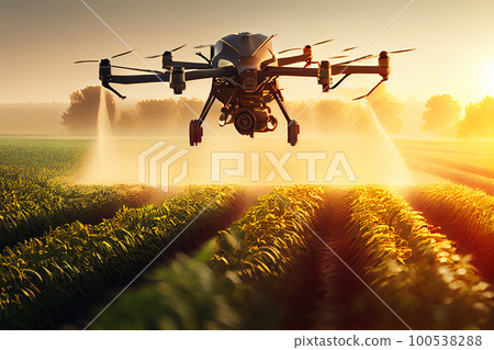 Agriculture drone fly to sprayed fertilizer on fields garden farm, Technology smart farming controlled, Generative AI 100538288