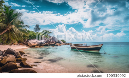 Beautiful tropical island sea beach landscape, turquoise ocean water 100539092