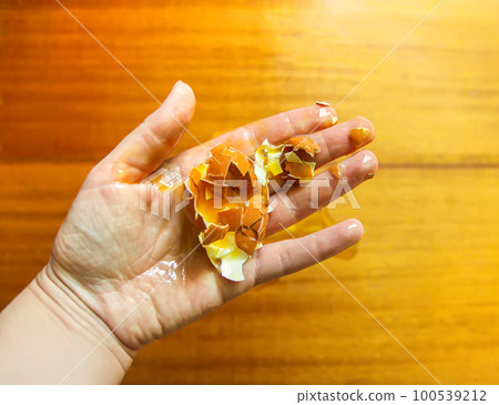 Raw smashed egg in a hand. Raw smashed egg in a hand. 100539212
