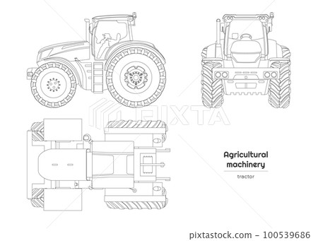 Outline farmer tractor drawing. Isolated agricultural machine. Top, side and front views of farmer vehicle. Industrial blueprint 100539686