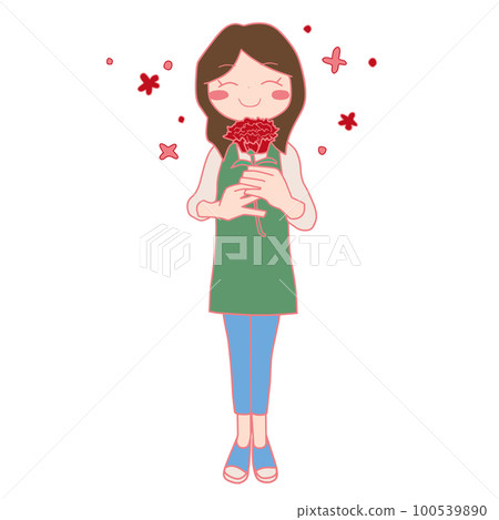 Full body color illustration of a woman standing with a smile and holding a carnation 100539890