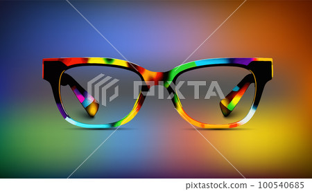 Closeup of sunglasses in multicolored spectacle frame Closeup of sunglasses in multicolored spectacle frame 100540685