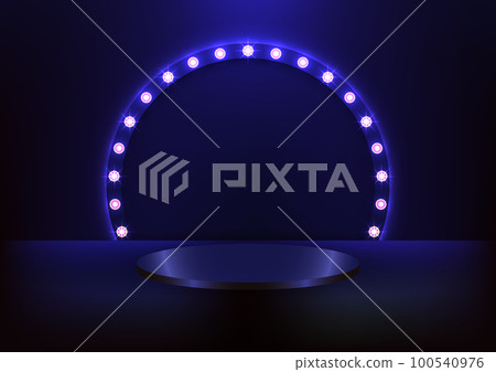 3D realistic blue podium pedestal with glowing light bulb circle backdrop on dark background retro style 100540976
