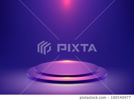 3D realistic studio room blue podium platform pedestal step stand with lighting effect on blue background technology concept 100540977