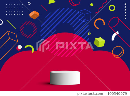3D realistic white podium cylinder stand with abstract flat design geometric elements colorful pattern graphic design background retro style 100540979