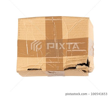 Damaged Box Isolated, Craft Paper Delivery Package, Broken Carton Packaging, Crumpled Cardboard Box Damaged Box Isolated, Craft Paper Delivery Package, Broken Carton Packaging, Crumpled Cardboard Box 100541653