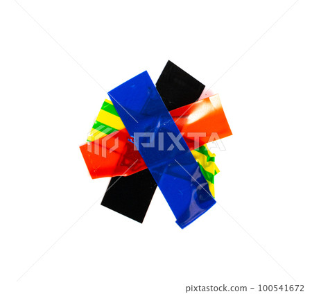 Colored Electrical Sticky Tapes, Adhesive Pieces Isolated, Plastic Duct Tape Strips, Colourful Adhesive Tapes Colored Electrical Sticky Tapes, Adhesive Pieces Isolated, Plastic Duct Tape Strips, Colourful Adhesive Tapes 100541672