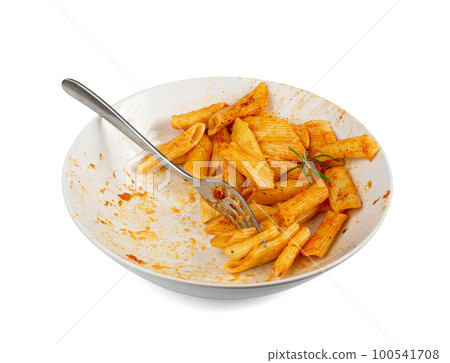 Pasta Leftovers, Unfinished Meal on Dirty Plate, Uneaten Lunch Leftover, Macaroni, Smeared Sauce on White Plate 100541708