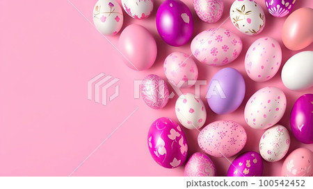 top down view of Easter eggs board in pink colors on pink background. Space for text. Happy Easter top down view of Easter eggs board in pink colors on pink background. Space for text. Happy Easter 100542452