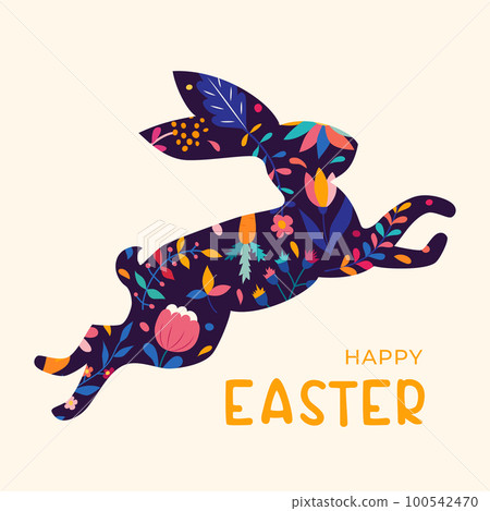 Silhouette of jumping Easter bunny with flower decorations. Happy Easter. Minimalist style design with hand drawn elements Silhouette of jumping Easter bunny with flower decorations. Happy Easter. Minimalist style design with hand drawn elements 100542470